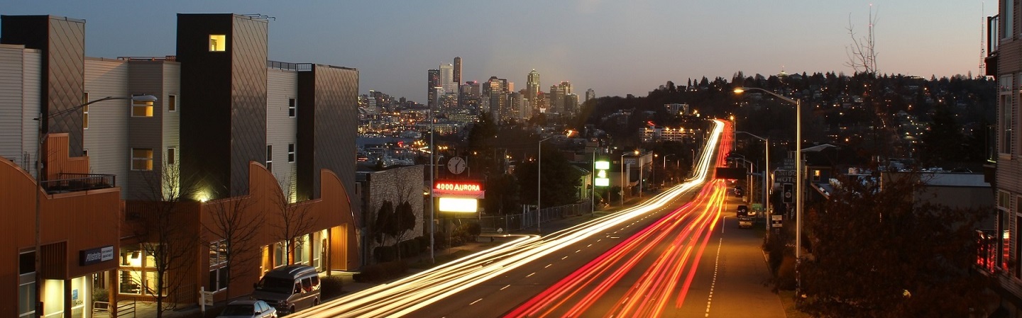 Photograph of Seattle's downtown from north of the Aurora Bridge